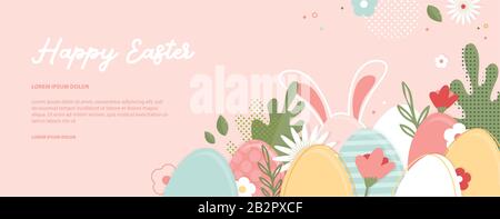 Frohe Ostern Banner. Grußkarte, Poster oder Banner mit Hünchen, Blumen und Osterei. Poster zur Eierjagd. Federhintergrund Stock Vektor