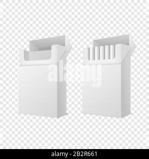 Vector Realistic Geschlossen und Geöffnet Clear Blank Leer und mit Cigarettes Pack Box Isoliert auf Transparentem Hintergrund. Designvorlage. Rauch Stock Vektor