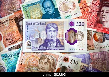 Die neue 20 £-Pfund-Banknote aus dem Polymer 2020 von der Bank of England mit dem Künstler JMW Turner Stockfoto