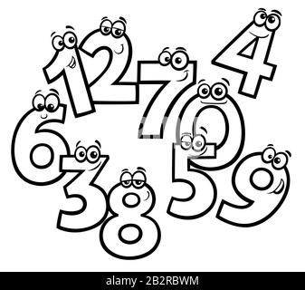 Schwarz-weiß Educational Cartoon Illustrationen von Funny Basic Numbers Characters Group Coloring Book Page Stock Vektor