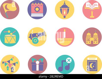 Islamische Flagge und ramadan-symbol über weißem Hintergrund, Blockstil, Vektorgrafiken gesetzt Stock Vektor