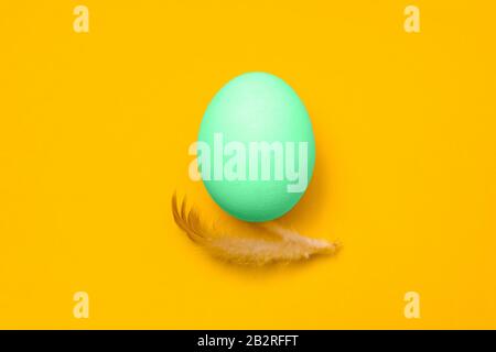 Ein Ei in blauer Minzfarbe und eine Feder unten auf gelbem Hintergrund. Idee zum Osterhintergrund Stockfoto