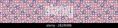 Vector Gingham Sommer Blumenmuster mit Punktmuster und nahtlosem Bannermuster in den 1950er Jahren. Rosa Rot Blau Blume Kreis prüfen Hintergrund. Moderne, helle Collage Stock Vektor