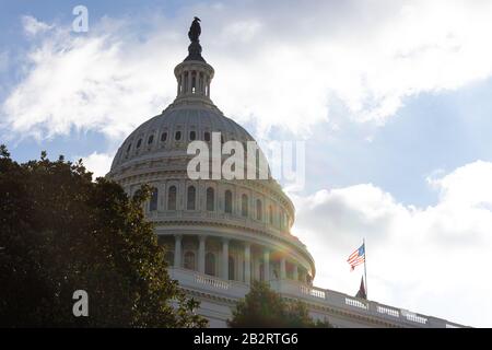 United States Capital Dome hinter Bäumen an einem sonnigen Nachmittag, schwenkt die amerikanische Flagge in den Wind. Stockfoto