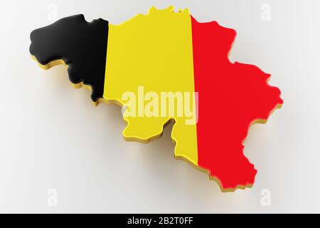 3D-Karte von Belgien. Karte von Belgien Landgrenze mit Flagge. Belgien-Karte auf weißem Hintergrund. 3D-Rendering Stockfoto