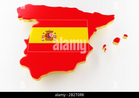 3D-Karte von Spanien. Karte Spaniens Landgrenze mit Flagge. Spanien Karte auf weißem Hintergrund. 3D-Rendering Stockfoto