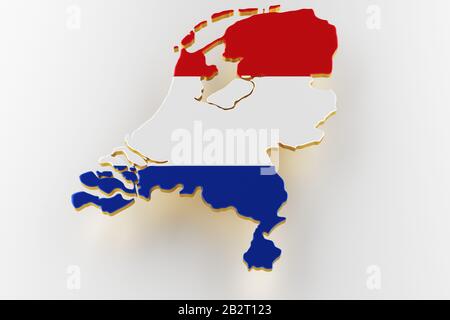 3D-Karte der Niederlande. Karte der niederländischen Landgrenze mit Flagge. Niederländische Karte auf weißem Hintergrund. 3D-Rendering Stockfoto