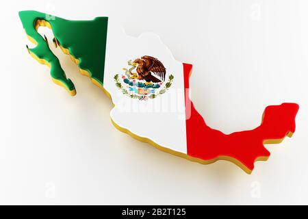 3D-Karte von Mexiko. Karte von Mexiko Landgrenze mit Flagge. Karte von Mexiko auf weißem Hintergrund. 3D-Rendering Stockfoto