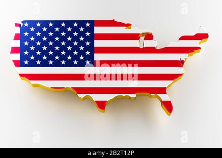 3D-Karte der USA. Karte der USA Landgrenze mit Flagge. USA-Karte auf weißem Hintergrund. 3D-Rendering Stockfoto