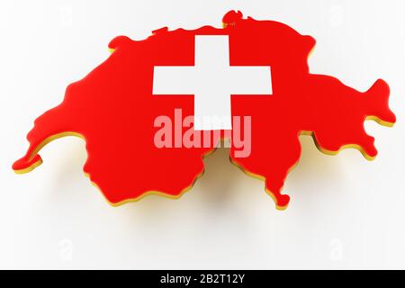 3D-Karte der Schweiz. Karte der Schweiz Landgrenze mit Fahne. Schweiz Karte auf weißem Hintergrund. 3D-Rendering Stockfoto