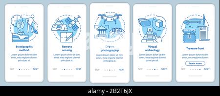 Archäologische Methoden Onboarding Mobile App Seite Vektor Vorlage. Studium von Gelände, Schatzsuche. Schritte auf der Website mit Linear durchgehen Stock Vektor