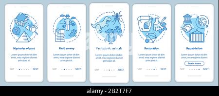 Bildschirmvektorvorlage für die mobile App "Archaeology Onboarding". Geheimnisse der Vergangenheit erforschen. Schritte der Website mit linearen Abbildungen durchgehen. UX Stock Vektor