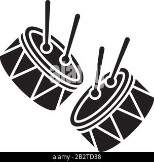 Trommeln mit Trommeln, schwarze Glyph-Ikone. Musikinstrument. Karneval in Brasilien. Festumzug. Musikalische Bewegung. Nationalfeiertag. Silhouettensymbol Stock Vektor