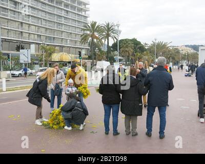 Auf der Promenade des Anglais versammeln sich die Menschen, die nach der Aufhebung des Karnevals von Nizza kostenlose Mimosenbündel verteilen. Stockfoto
