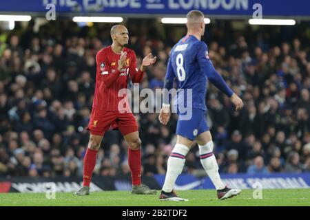 London, ENGLAND - DER 3. MÄRZ Fabinho aus Liverpool reagiert während des FA-Cup-Spiels zwischen Chelsea und Liverpool an der Stamford Bridge, London am Dienstag, 3. März 2020. (Kredit: Jacques Feeney / MI News ) Foto darf nur für redaktionelle Zwecke in Zeitungen und/oder Zeitschriften verwendet werden, Lizenz für kommerzielle Nutzung erforderlich Kredit: MI News & Sport /Alamy Live News Stockfoto