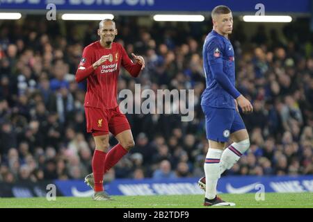 London, ENGLAND - DER 3. MÄRZ Fabinho aus Liverpool reagiert während des FA-Cup-Spiels zwischen Chelsea und Liverpool an der Stamford Bridge, London am Dienstag, 3. März 2020. (Kredit: Jacques Feeney / MI News ) Foto darf nur für redaktionelle Zwecke in Zeitungen und/oder Zeitschriften verwendet werden, Lizenz für kommerzielle Nutzung erforderlich Kredit: MI News & Sport /Alamy Live News Stockfoto