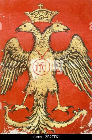 Das Banner Adler der Paläologen aus dem Gospel, das Dmitry Paleolog gehörte. 12-14 Jahrhunderte. Stockfoto