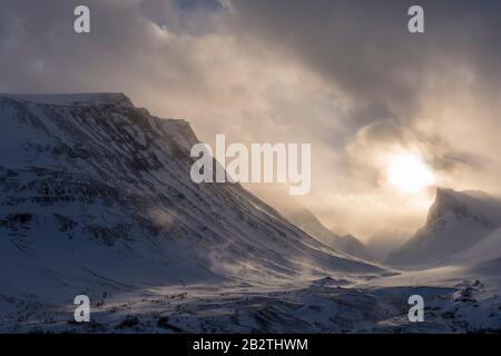 Landschaft im Schneetreiben, Stuor Reaiddavaggi, Norrbotten, Lappland, Schweden, Maerz 2017 Stockfoto