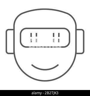 Gefühlvolle Robotik, dünne Linie, Technologie und Cyborg, Roboter Gesicht Lächeln Zeichen, Vektorgrafiken, ein lineares Muster auf einem weißen Hintergrund, eps 10. Stock Vektor