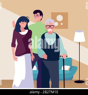 Ein paar Leute und ein Großvater im Wohnzimmer, Vektorgrafiken Stock Vektor