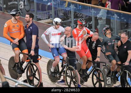 Harrie Lavreysen von Nederlandt, Jack Carlin von Großbritannien, Yuta Wakimoto von Japon und Mohd Azizulhasni Awang von Malaisie Männer Keirin - Finale bei den von Tissot am 27. Februar 2020 präsentierten Bahn-Radweltmeisterschaften 2020 im Velodrom in Berlin, Deutschland - Foto Laurent Lairys / DPPI Stockfoto