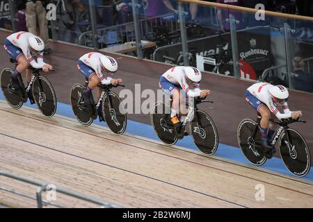 Katie Archibald, Elinor Barker, Eleanor Dickinson und Neah Evans von Der Mannschaftsverfolgung Der Frauen in Großbritannien - Finale während der von Tissot am 27. Februar 2020 auf dem Velodrome in Berlin präsentierten Rennradweltmeisterschaften 2020 - Foto Laurent Lairys/DPPI Stockfoto