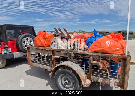 Volunteers Trailer, der Meeresschutt und Küstenschutt enthielt, sammelte die Säuberung von Big Shell Beach. Stockfoto