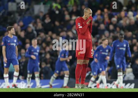 London, ENGLAND - DER 3. MÄRZ Fabinho aus Liverpool reagiert während des FA-Cup-Spiels zwischen Chelsea und Liverpool an der Stamford Bridge, London am Dienstag, 3. März 2020. (Kredit: Jacques Feeney / MI News ) Foto darf nur für redaktionelle Zwecke in Zeitungen und/oder Zeitschriften verwendet werden, Lizenz für kommerzielle Nutzung erforderlich Kredit: MI News & Sport /Alamy Live News Stockfoto