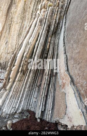 Felsschichten, geologische Textur Hintergrunddetails in Zumaia, Baskenland, Spanien. Stockfoto