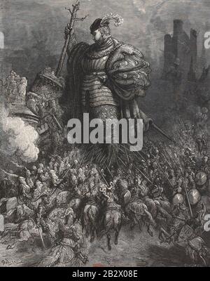 Gargantua choque l'arbre contre le château du gué de Vède - Illustration de Gustave Doré pour le Chapiter 36 de Gargantua. Stockfoto