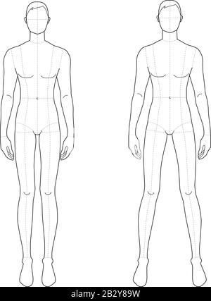 Modevorlage von stehenden Männern in 2 Posen. 9 Kopfgröße für technisches Zeichnen mit Hauptlinien. Abbildung "Herren", Vorderansicht. Vector Outline Junge für Mode-Skizzen und Illustration. Stock Vektor