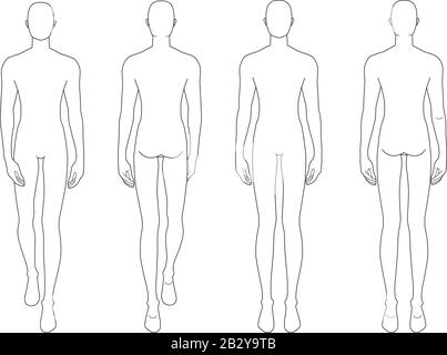 Modevorlage von stehenden und gehenden Männern. 9 Kopfgröße für technisches Zeichnen. Herren Abbildung Vorder- und Rückansicht. Vector Outline Junge für Mode-Skizzen und Illustration. Stock Vektor