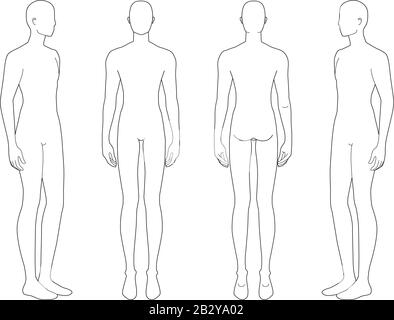 Modevorlage von stehenden Männern in unterschiedlicher Sicht. 9 Kopfgröße für technisches Zeichnen. Herren Abbildung Vorder-, 3-4 und Rückansicht. Vector Outline Junge für Mode-Skizzen und Illustration. Stock Vektor