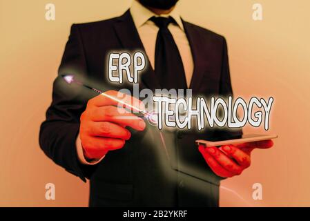 Konzeptionelles Handschreiben mit ERP-Technologie. Konzept bedeutet ein integriertes Management der wichtigsten Geschäftsprozesse Stockfoto