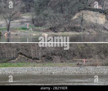 Criewen, Deutschland. März 2020. Kombo - Die zweiteilige Bild-Combo zeigt den Blick von der deutschen Uferseite im Nationalpark Unteres Odertal über den Grenzfluss oder auf die polnische Seite mit naturnahem Uferbereich (oben) und bereits ausgebautem Ufer (unten). In den letzten Trockenjahren hat der Nationalpark Unteres Odertal stark in Mitleidenschaft gezogen und verändert sowohl die Flora als auch die Tierwelt. (Zu "Deutschlands einzigem Flutlichtpark fehlt Wasser") Credit: Patrick Pleul / dpa-Zentralbild / ZB / dpa / Alamy Live News Stockfoto