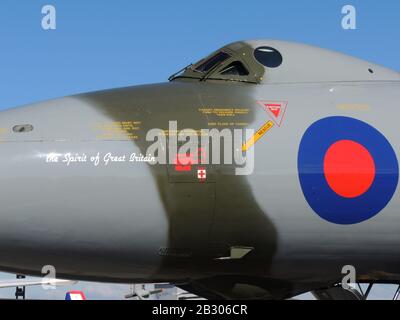 Vulcan zum Himmel Avro Vulcan B2 "Spirit of Great Britain" (XH558/G-VLCN), auf statischer Anzeige auf dem Flughafen Prestwick während der Scottish Airshow 2014. Stockfoto