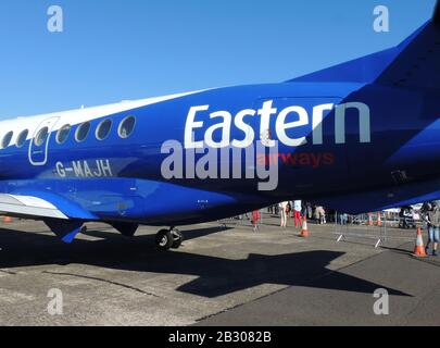 G-MAJH, eine BAE Jetstream 41, die von Eastern Airways betrieben wird, auf statischer Anzeige auf dem Flughafen Prestwick in Ayrshire, während der Scottish Airshow 2014. Stockfoto