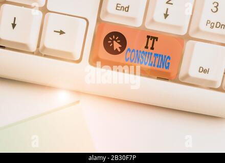 Konzeptionelles Handschreiben mit IT Consulting. Concept Meaning Konzentriert sich darauf, Unternehmen bei der Verwaltung ihrer IT zu beraten Stockfoto
