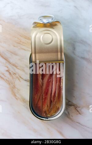 Sardellenfilet in Olivenöl in einem offenen Zinnbehälter Stockfoto