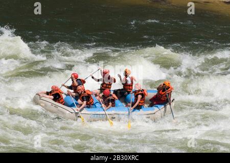 Wildwasser-Rafting auf dem Zambesi unterhalb des östlichen Katarakts der Victoria Falls, Livingstone, Sambia, Afrika Stockfoto