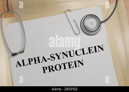 3D-Abbildung des TITELS DES ALPHA-SYNUCLEIN-PROTEINS in einem medizinischen Dokument Stockfoto