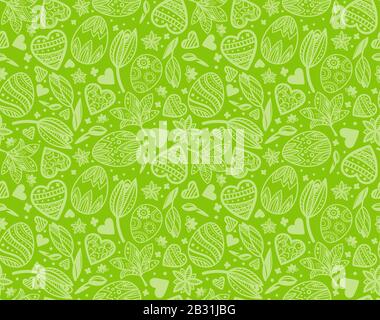 Osterei nahtloses grünes Muster mit Herzen, Blumen zum Umwickeln, Karte, Papier. Duoton-Hintergrund. Papierumschlagmuster. Stock Vektor