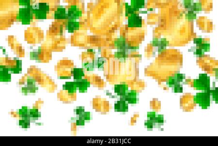 Saint Patrick's Day Grenze mit grünen Vier und Baum blättrige Kleeblätter und Goldmünzen auf weißem Hintergrund. Irisches Glück und Erfolg Symbole. Vektor Lllustrat Stock Vektor