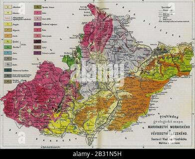 Geologische Karte Mährens und Österreichisch-Schlesiens. Stockfoto