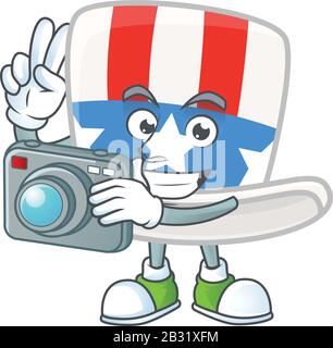Ein Onkel sam hat mit einer Kamera fotografiegezeichnete Zeichentrickfigur in Aktion Stock Vektor