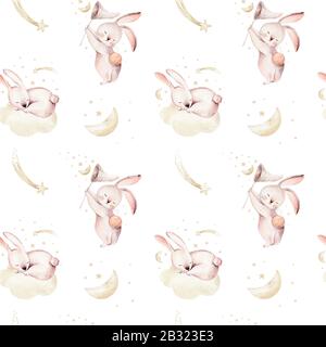 Niedliches Babykaninchen Tier nahtloses Muster Komet mit goldenem Sternenhimmel, Waldbrunnenillustration für Kinderbekleidung. Baumschule Hintergrundpapier Stockfoto