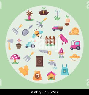 Kreis mit farbenfrohem Gartensymbol über grünem Hintergrund, flachem Detailstil, Vektorgrafiken Stock Vektor