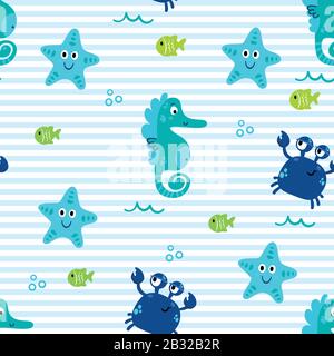 Niedliche Meeresvektor-Tiere Unterwasserstars Fischkrabben-Meerpferd Stock Vektor