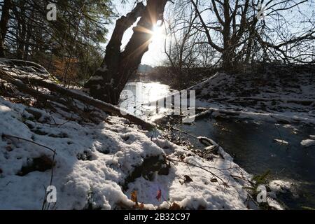 Impressionen aus einem schönen schneebedeckten Winterwunderwald mit Sonnenstrahlen Stockfoto