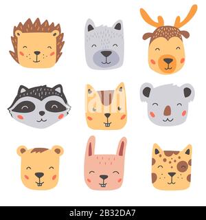 Satz süßer Wildtiere Gesichter, Bär, Hirsch, Wolf, Kaninchen, Igel. Isolierte Vektorgrafiken Tiere für Baby, Kinder, Design von Kinderprojekten. Handgezeichneter, niedlicher Stil. Stock Vektor